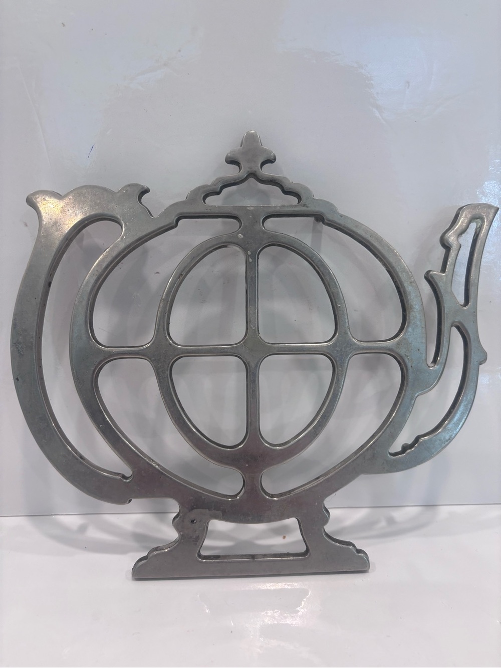 Vintage cast aluminum teapot trivet hot plate mid century kitchen decor silver